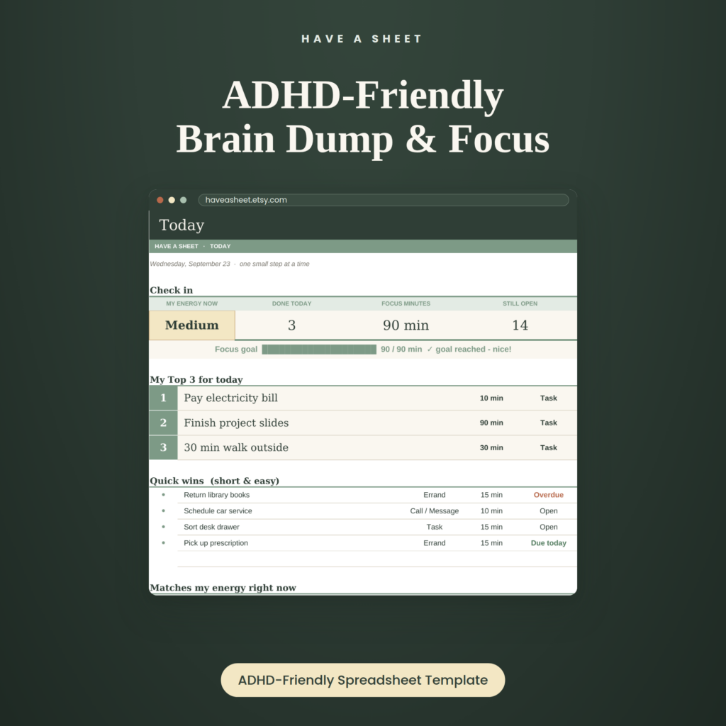 ADHD Planner Spreadsheet | Daily Brain Dump and Focus Tracker | Google Sheets & Excel ADHD Template | Instant Download
